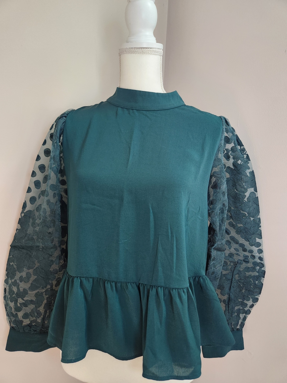 Zara Teal Peplum Top with Sheer Patterned Long Sleeves
